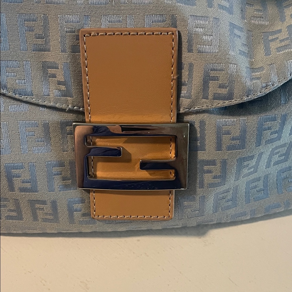 Fendi Light Blue Monogram Shoulder Bag with Tan Leather Strap -Zucchino - Picture 7 of 15